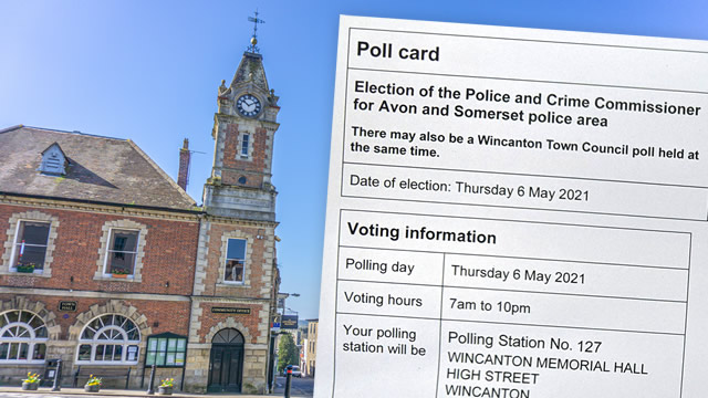 Wincanton Town Hall, and a 2021 local by-election poll card